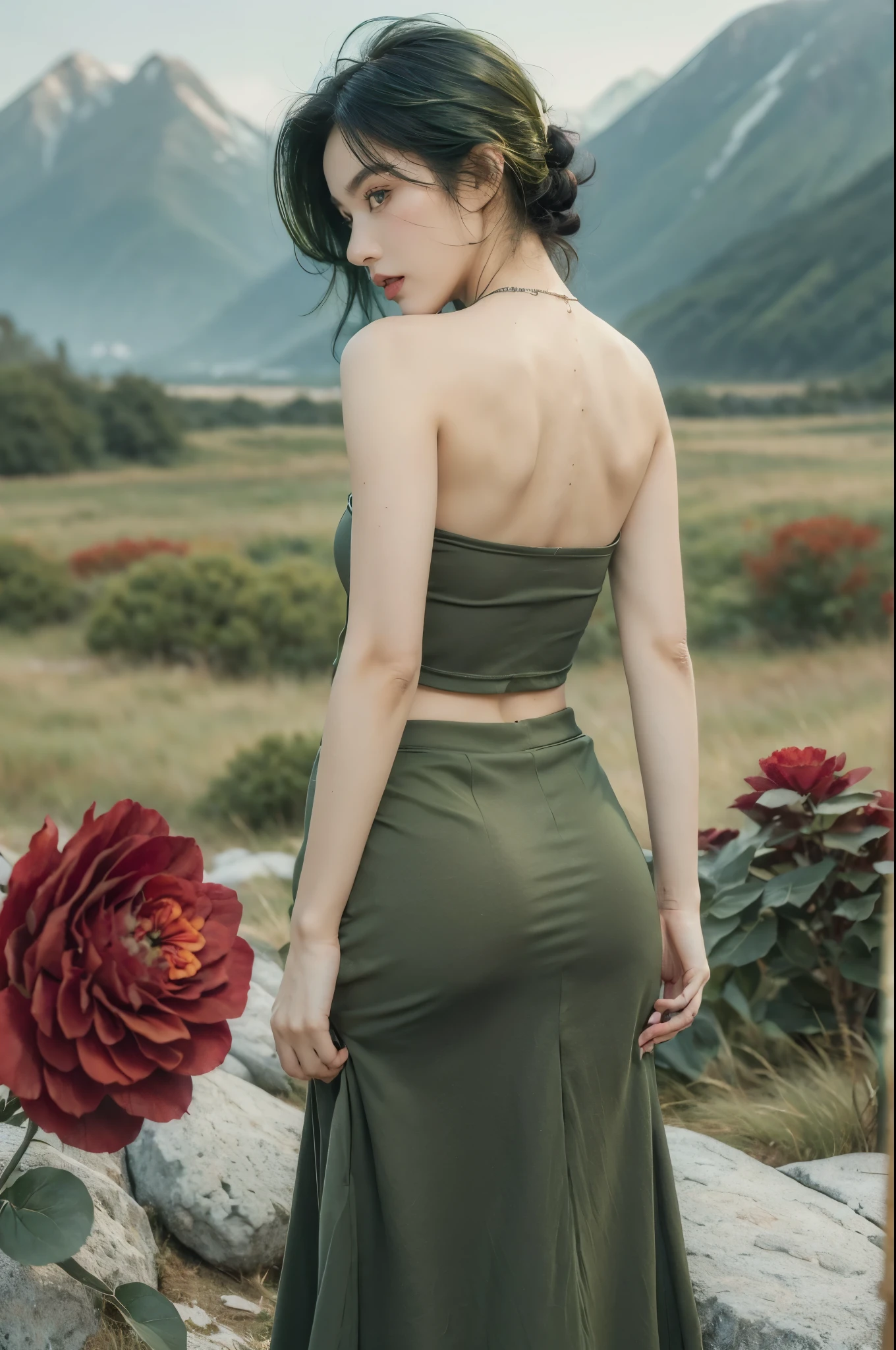 (((best quality))),(((ultra detailed))),(((masterpiece))),illustration,((1 beautiful girl,tomboy,solo)),(short black hair:1.3),((slim,thin)),((strapless,bare back)),vigorous, confident, (light green tank top:1.3), (dark green skirt:1.2),(standing:1.3),simplicity, robustness, strong features, (Abandoned Gobi Scene:1.3),(Rock surface:1.2),glowing eyes, rebellious, sensible, (mountainous landscape:1.3), (beside a vibrant red flower:1.3),elegance, unyielding spirit, youthful beauty, strength, resilience, adversity, challenges,((from back,upper body))
