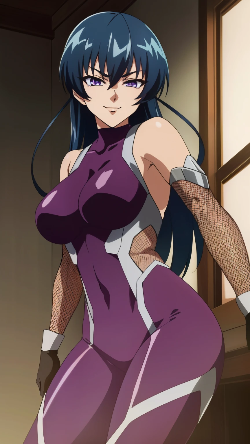 (masterpiece, best quality, high resolution, 8k:1.2), (anime), Asagi, (beautifully detailed eyes:1.2), highly detailed face, Long Hair,Blue Hair, Hair between the eyes,Thin, Side Lock, Purple eyes,  View your viewers,(purple bodysuit, bare shoulders, elbow gloves, fishnets, high heel boots),muscle, Intricate details, Cinema Lighting, One girl, Cowboy shot, Dynamic pose, smirk