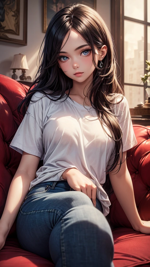 (((masterpiece))),(((Highest quality))),((Very detailed)),One girl,One person,Highest quality, masterpiece, 8k, photograph, Very detailed,,Realistic,beautiful girl, (Very delicate and beautiful face), (Beautiful eyes in every detail),Sitting, View your viewers,jeans,White T-shirt,Long Hair,Black Hair, sofa,