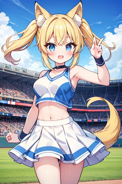 Highest quality,masterpiece,Blonde with blue eyes、Cheerleader、foxpose,foxtail,foxear,(BaseballStadium1.1),Beautiful breasts、Twin tails、Girl&#39;s cute eyes,,jumping,under boob,enjoy,