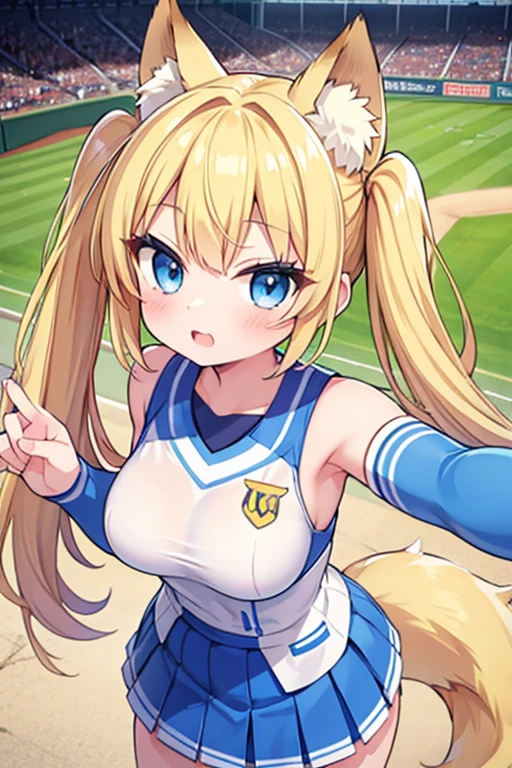 Highest quality,masterpiece,Blonde with blue eyes、Cheerleader、foxpose,foxtail,foxear,(BaseballStadium1.1),Beautiful breasts、Twin tails、Girl&#39;s cute eyes,,jumping,under boob,enjoy,