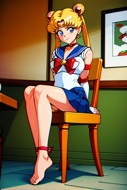 masterpiece, best quality, absurdres, perfect antomy, 1girl, solo, SMMoon, 1990s \(style\), blonde sailor moon, sailor senshi uniform, sailor collar, blue skirt, elbow gloves, ultra mini skirt , ( FULL BODY)barefoot, 5 toes, red toe nails, Focus full body, sitting on a chair, tied ankles together,tied arms, 