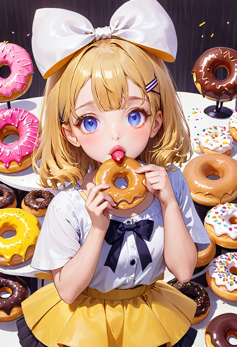 One girl, , ribbon on head, odd eyes, eating a donut, donuts in the background