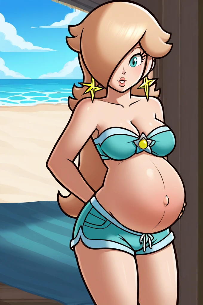 score_9, score_8_up, 1girl, solo, rosalina, style parody, thick outlines, bikini, shorts, pregnant belly, big belly, sleeveless, strapless, cleavage, indoors, beach, complete body, perfect