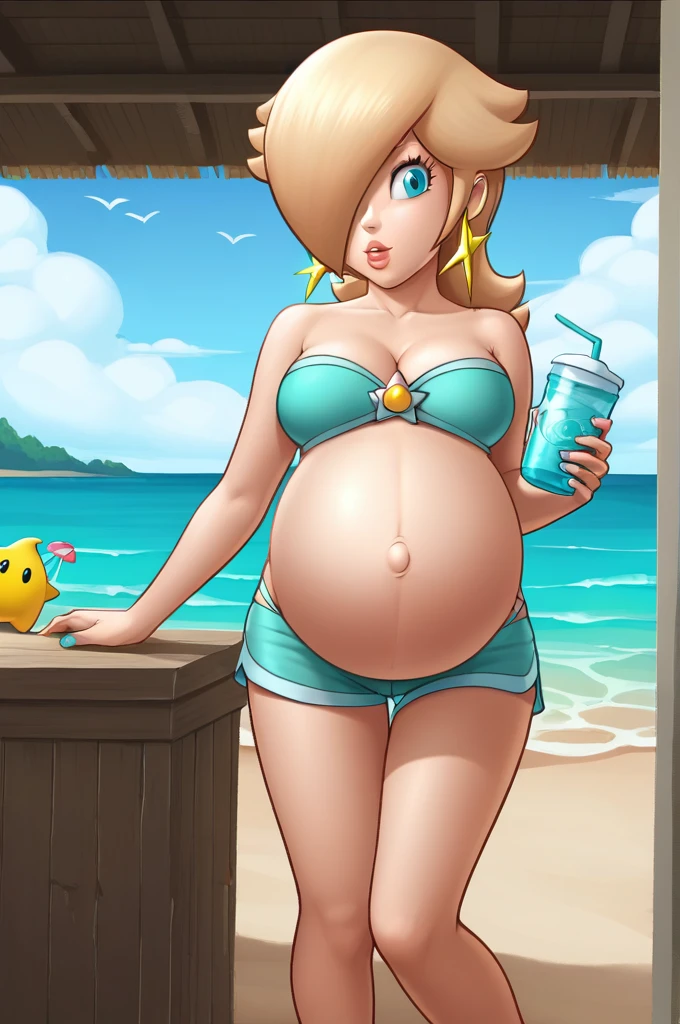 score_9, score_8_up, 1girl, solo, rosalina, style parody, thick outlines, bikini, shorts, pregnant belly, big belly, sleeveless, strapless, cleavage, indoors, beach, complete body, perfect