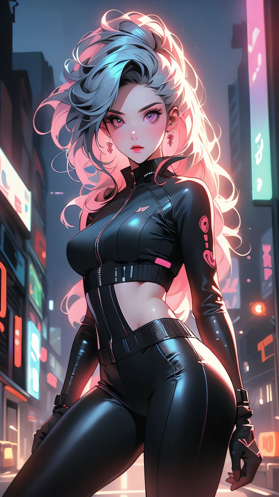 Beautiful cyberpunk girl in black leather jacket, flowing silky hair, black tight leggings, red sneakers, pop punk style, neon shading effect, luminescent neon outline effect, detailed face, beautiful detailed eyes, piercing eyes, posing, neon city background, cinematic lighting, complex technology, glowing technical elements, masterpiece, (perfect details: 1.1), (beautiful and clear background: 1.2), (extremely detailed computer graphics, ultra detailed, best shadow: 1.1), (finely detailed beautiful eyes), ( full-length 1.1)