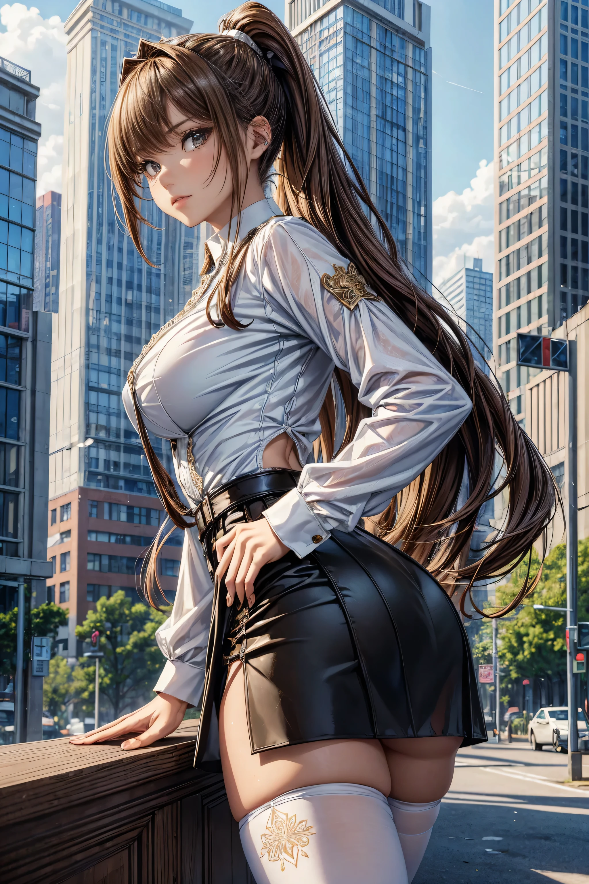 (masterpiece, Highest quality), Intricate details, 8k, Art Station, wallpaper, Official Art,  Sharp focus, One girl,Toned body、 Long Hair,ponytail,  Brown Hair, , office lady,White patent leather shirt、Black enamel tight skirt、slit、tights、 printing, Cold Eyes , Muddy eyes、skyscraper, city, building, car, street,