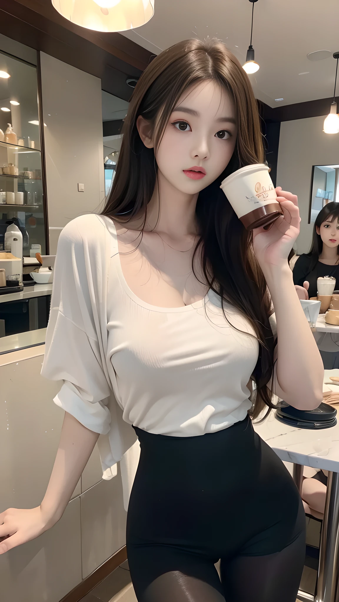 ulzzang-6500-v1.1, (RAW photo: 1.2), (Real photo), (Real photo: 1.4), 1 girl、Perfect anatomy、20 years old、Looking at the camera、Medium length hair、dress, drinking coffee, ((in a cafe: 1.1))、(Hyperrealistic tights: 1.2), (Business service)、Asian eyes Ella,