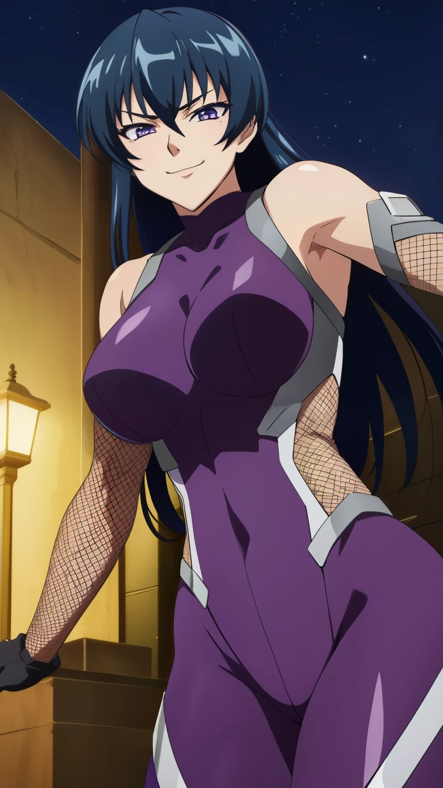 (masterpiece, best quality, high resolution, 8k:1.2), (anime), Asagi, (beautifully detailed eyes:1.2), highly detailed face, Long Hair,Blue Hair, Hair between the eyes,Thin, Side Lock, Purple eyes,  View your viewers,(purple bodysuit, bare shoulders, elbow gloves, fishnets, night), muscle, Intricate details, Cinema Lighting, One girl, Cowboy shot, Dynamic pose, smirk