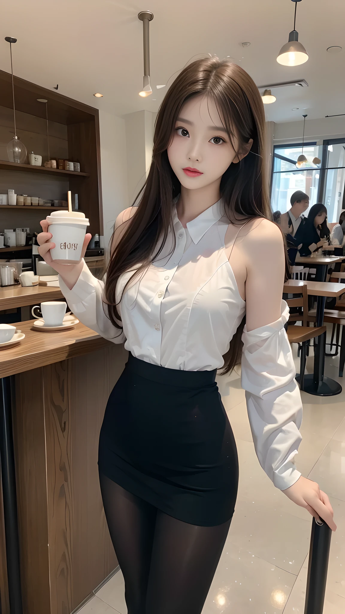 ulzzang-6500-v1.1, (RAW photo: 1.2), (Real photo), (Real photo: 1.4), 1 girl、Perfect anatomy、20 years old、Looking at the camera、Medium length hair、dress, drinking coffee, ((in a cafe: 1.1))、(Hyperrealistic tights: 1.2), (Business service)、Asian eyes Ella,