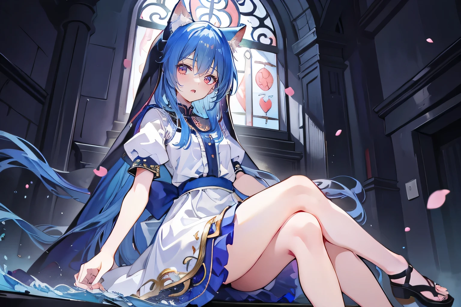 (masterpiece:1.2),Extremely detailed,Practical,expressive eyes,Fair skin,Perfect face shaping,1 Girl,
Japanese cartoons,Gorgeous blue hair, the long flowing blue hair,Floating clothes,Cat ears,Petals fall,beautiful lola,Young Angel,
Place your hands on your waist,sit elegantly on the ground,Cross your legs,Gentle and peaceful background,church,Nun&#39;s Clothes,back view,lie on the water,Large Breasts, H Cup, Good breasts, Place your hands on your waist,beautiful, Gorgeous,Japanese cartoons,girl,Lola,Hina Angel, Blue Hair, Blue Haired,Tent breasts, tent box, tent chest, Floating clothes,Grab your waist, Grab your waist, Hands on Hips , hands on hips,sit, sit on ground, Legs on the ground. 