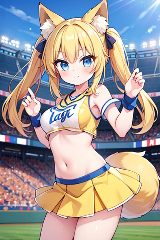 Highest quality,masterpiece,Blonde with blue eyes、Cheerleader、foxpose,foxtail,foxear,(BaseballStadium1.1),Beautiful breasts、Twin tails、Girl&#39;s cute eyes,,jumping,under boob,enjoy,