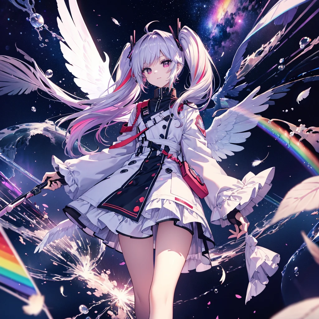 ((Archangel Fantasy Rainbow Hair Make your hair rainbow-colored on the inside Twin tails Dull red eyes Has a galaxy uniform Put on a coat without putting your arms through it Wings many times larger than mine rainbow gradient feathers Lonely Smiling Kindly front)) ((tears gloves)) (Broken glass Rolling Pebbles Distorted Space-Time star) Catch the wind milky way Shining Background Particles of light, rainbow colored edges Shining Edge star