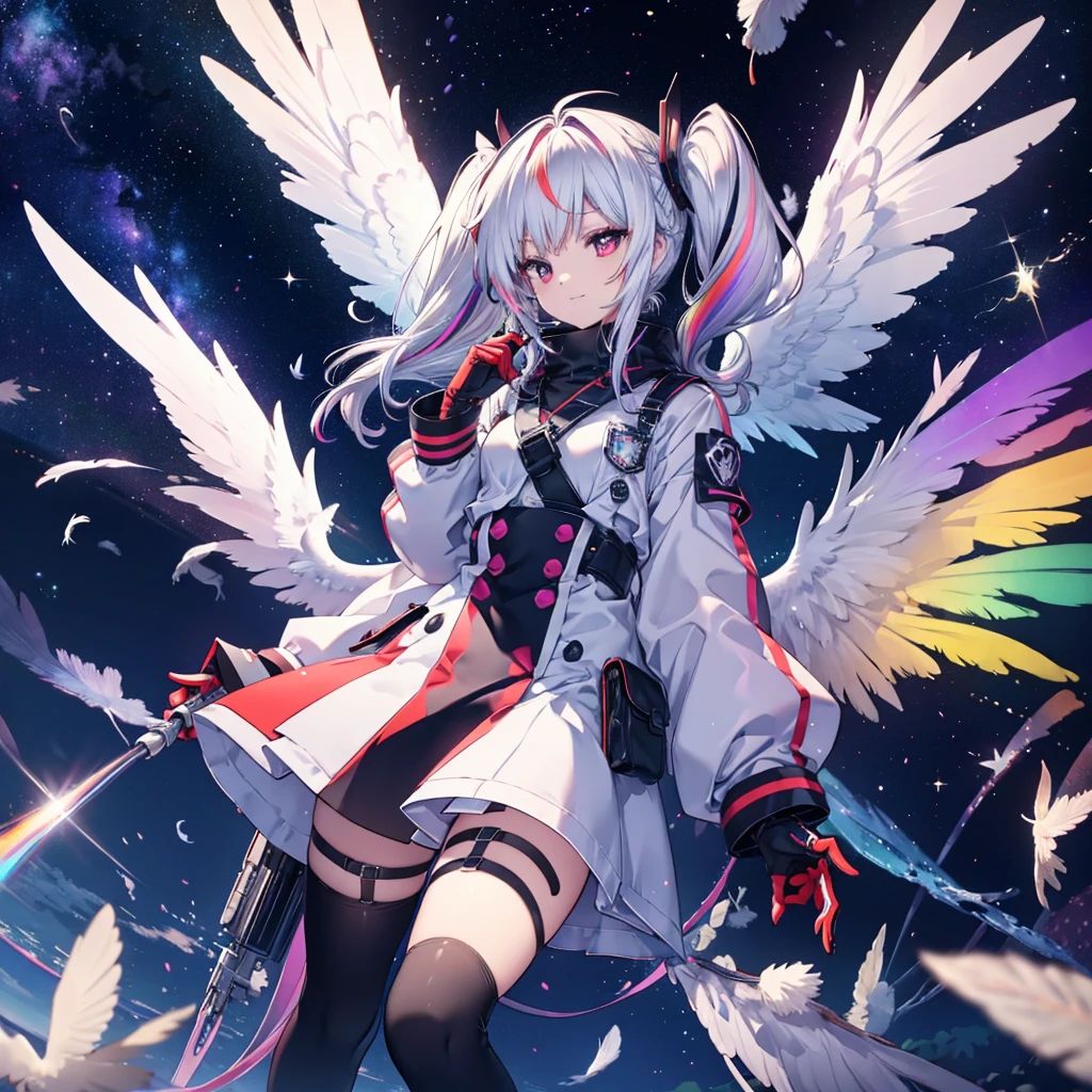 ((Archangel Fantasy Rainbow Hair Make your hair rainbow-colored on the inside Twin tails Dull red eyes Has a galaxy uniform Put on a coat without putting your arms through it Wings many times larger than mine rainbow gradient feathers Lonely Smiling Kindly front)) ((tears gloves)) (Broken glass Rolling Pebbles Distorted Space-Time star) Catch the wind milky way Shining Background Particles of light, rainbow colored edges Shining Edge star