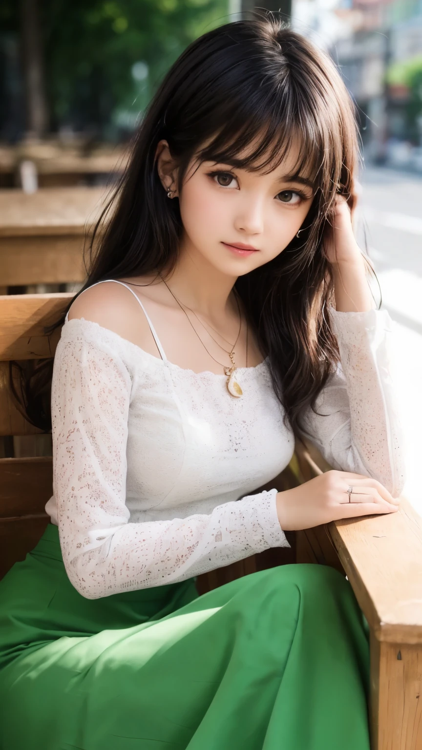 (masterpiece), (best quality), (ultra detailed),(disheveled hair),(illustration), (1girl), beautiful detailed eyes, delicate beautiful face, (high saturation), (shining), 1 girl, wearing acmmsayarma outfit, acmmsayarma white top, lace long sleeves, ((acmmsayarma dark green long skirt)) , Layered necklaces, anklets, outdoor