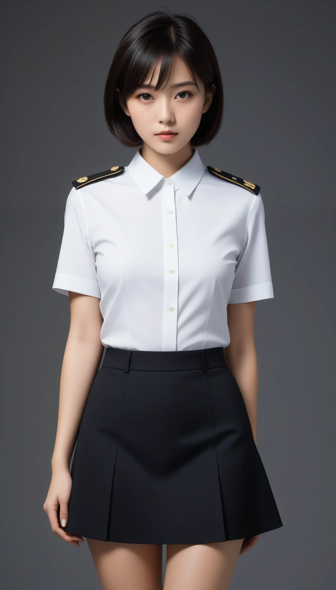 8k, Ultra-high resolution, Highest quality, masterpiece, 三分割法によるphotograph,Surreal, photograph, 1 Girl, (16 years old:1.3), pretty girl, Cute Face, Beautiful eyes in every detail, 細かくdetailedに,masterpiece,One Girl:1.2,Japanese female officer,full body,Serious expression,Black short hair,Bob with bangs,Pencil Skirt,Military clothing,SS uniforms,HUGO BOSS,Sharp contours,Looking down,Gray background, Light from above, Low contrast, (Side view),Perfect and beautiful face ,完璧でCute Face, Skin with attention to detail, Perfect limbs、Narrow waist,Looking at the audience,(((Ideal body type))),A cup small breasts :2,Portraiture:2,Perfect Anatomy,鮮明なdetailed,detailed,Surreal,Light and shadow,glowing