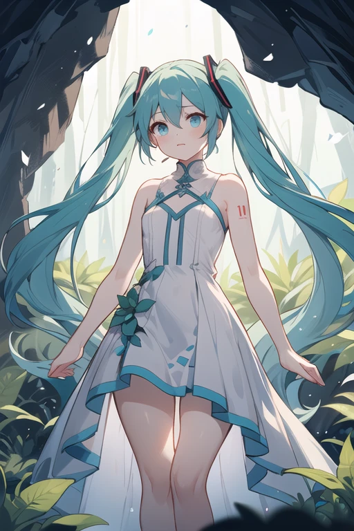 In a dark cave with an opening at the top, Zenith lighting, Bright plants gently illuminate the surroundings with green hues, Thick thighs, Wide Hips, 成熟したwoman, (Dramatic Light:1.3), 
woman, hatsune miku, alone, dress, flower, Long Hair, white dress, Twin tails, very Long Hair, where