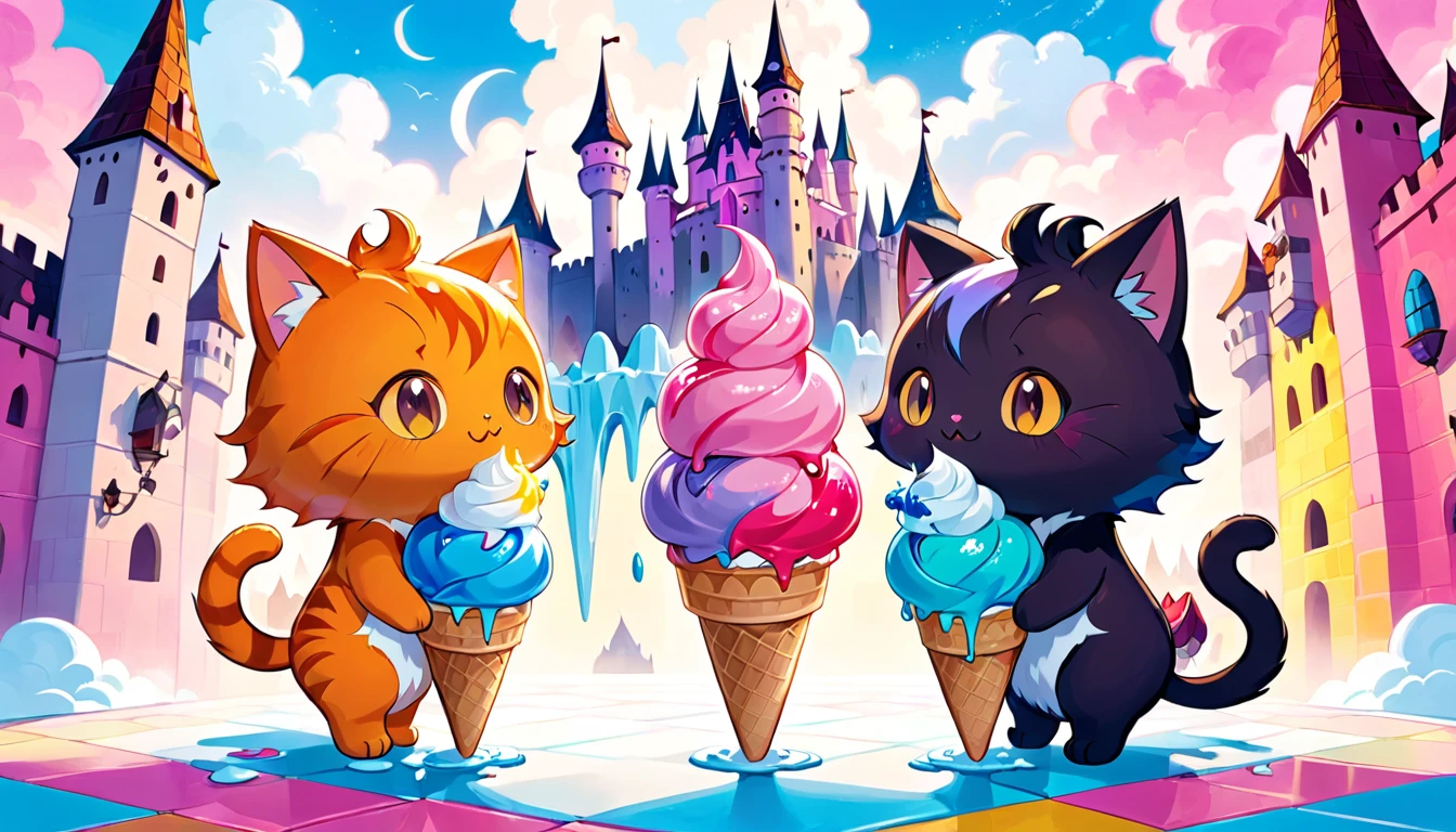two cute cat spirit beasts facing each other, colorful soft serve ice cream, poorly drawn cartoon-style images, colorful patchwork of contrast magic, funny dark fantasy , background demon castle