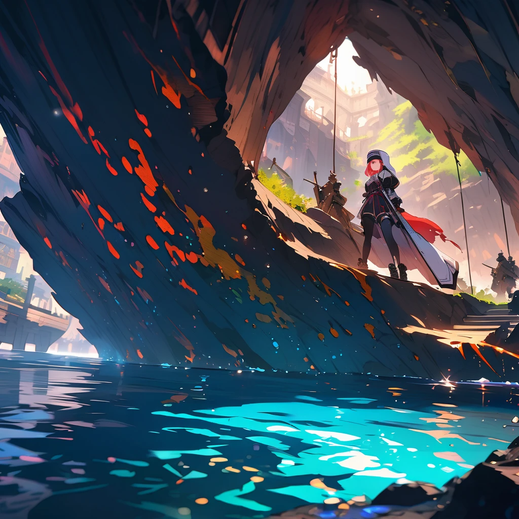 Robot angel nuns playing in an underground cave pool, detailed background, detailed writing, 4k, UHD, absurd, ultra quality, masterpiece,