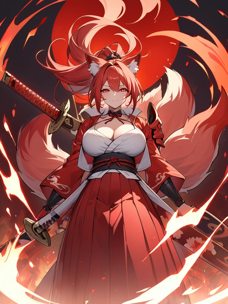  8K Highest quality Long red ponytail Red fox ears Nine fox tails Very  Flaming Japanese sword Red jacket Long hakama Red eyeshadow on lower eyelids Red burning background Japanese style Samurai Burning hell 