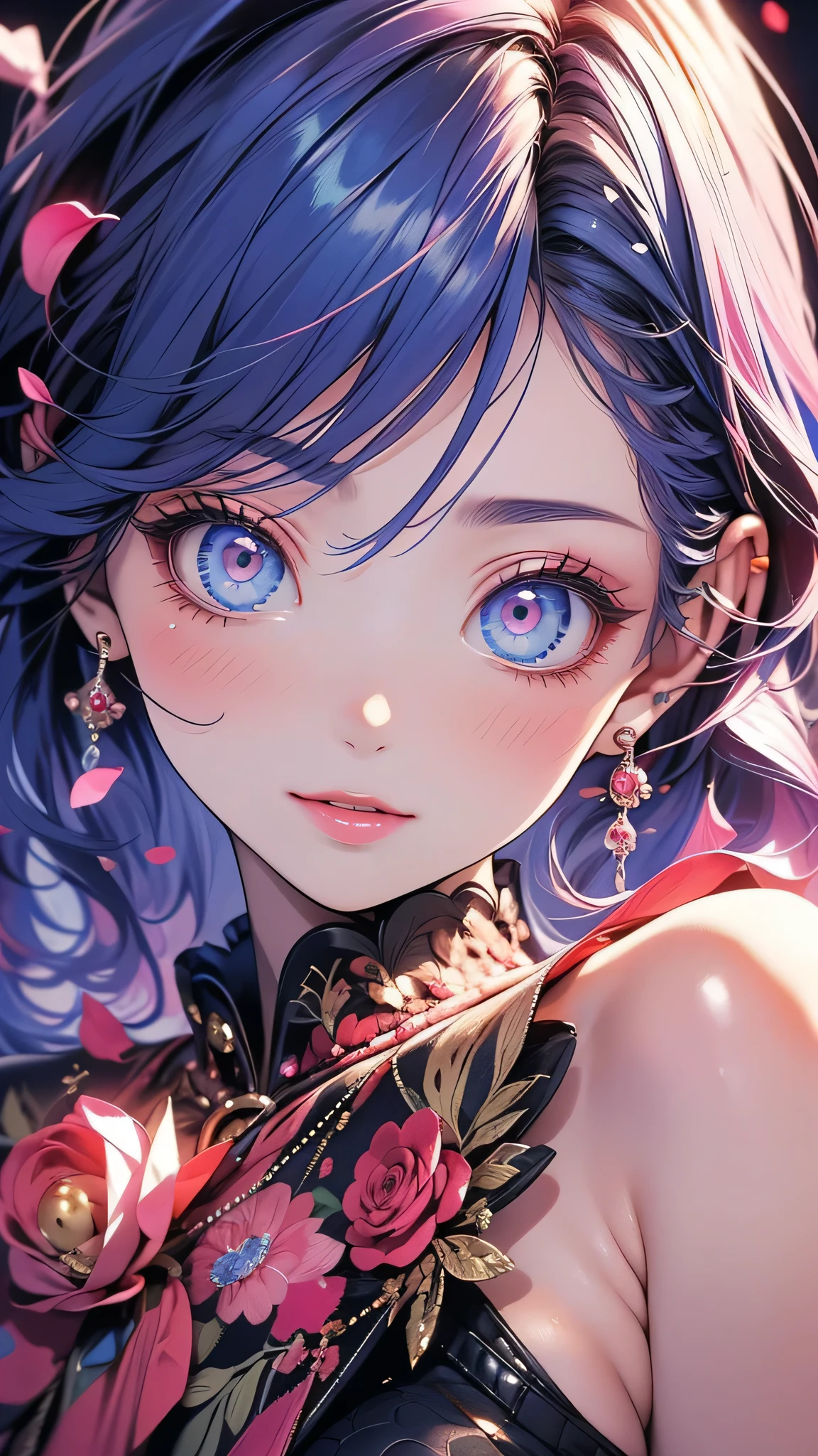 ((masterpiece)), (Highest quality))),Very detailed, Seductive erotic woman sweating, (Very delicate and beautiful face), (Beautiful eyes in every detail),Breasts covered in rose petals, (Big Breasts, pink/Blue Hair), Focus on the face, Focus on the face, Complex eyes,Elaborate decoration,