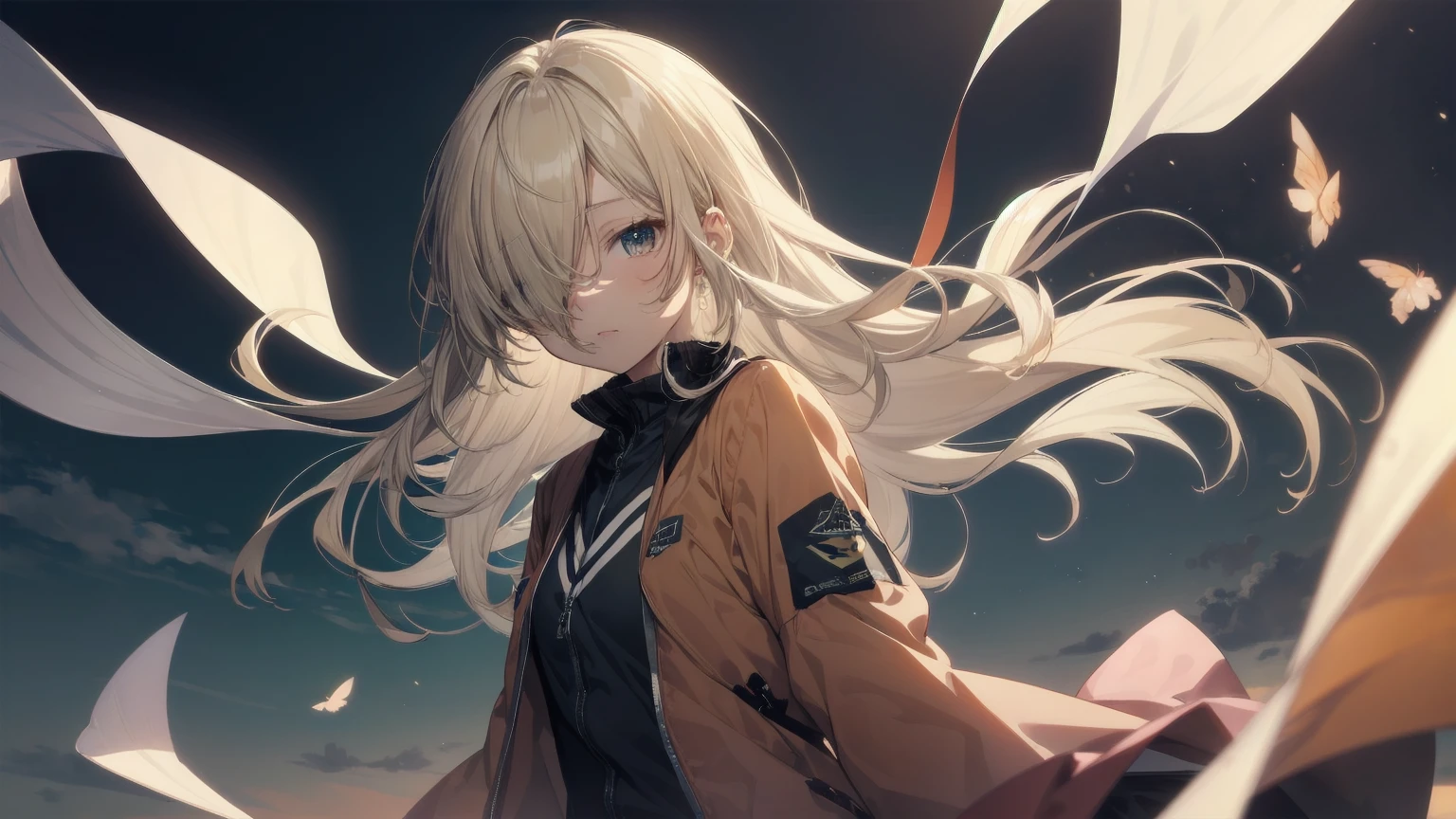 Highest quality, Anime Moe Art Style,Best Anime 8K Konachan Wallpaper,Pixiv Contest Winners,Very detailed,High resolution,ultra high density skin, Professional Lighting,8K eye detail, (Cute illustrations:1.2),blonde,blonde hair,Expressionless,(Hair on one eye:1.5),Colorful and colorful short hair,Wearing a yellow apricot colored JK uniform and a white pleated skirt,knee-length white silk,Rin々New and cute,A little sweet,Five Fingers,firm fingers,strong hands