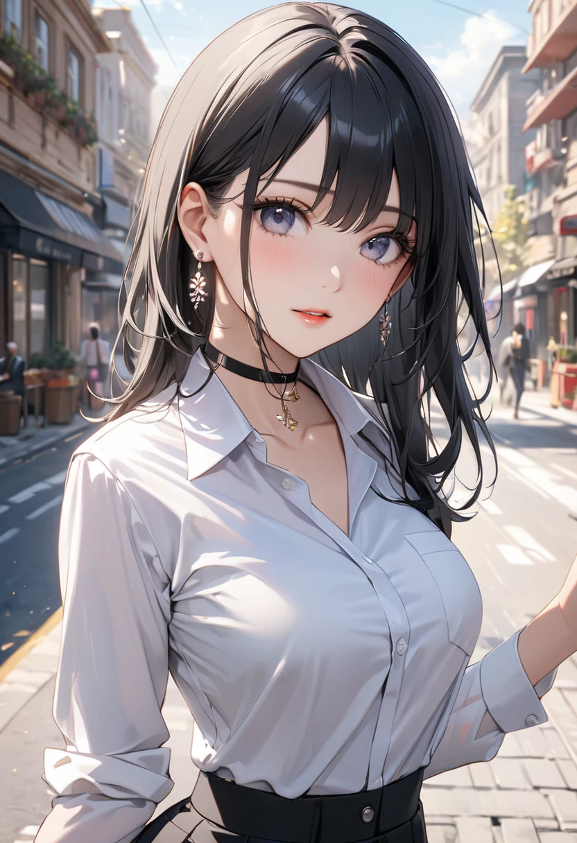 best quality, super_delicate, ultra detailed, beautiful, 8k , 1girl, black hair, business shirt, earrings, choker, outdoor, bright