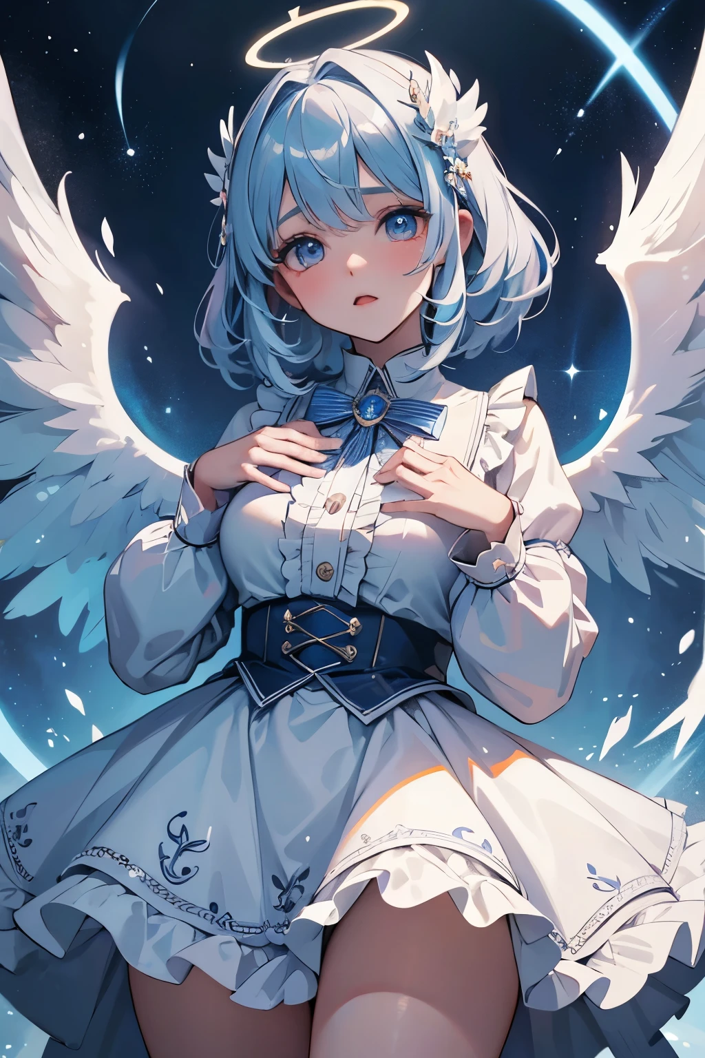 tmasterpiece, (Best quality:1.2), [:Complicated details:0.2], 1 plump girl,  Angelic, the angel's wings, White frills, (Daytime sky), A flashing halo, intense concentration, Burst energy, mystic symbols, scintillation particles,