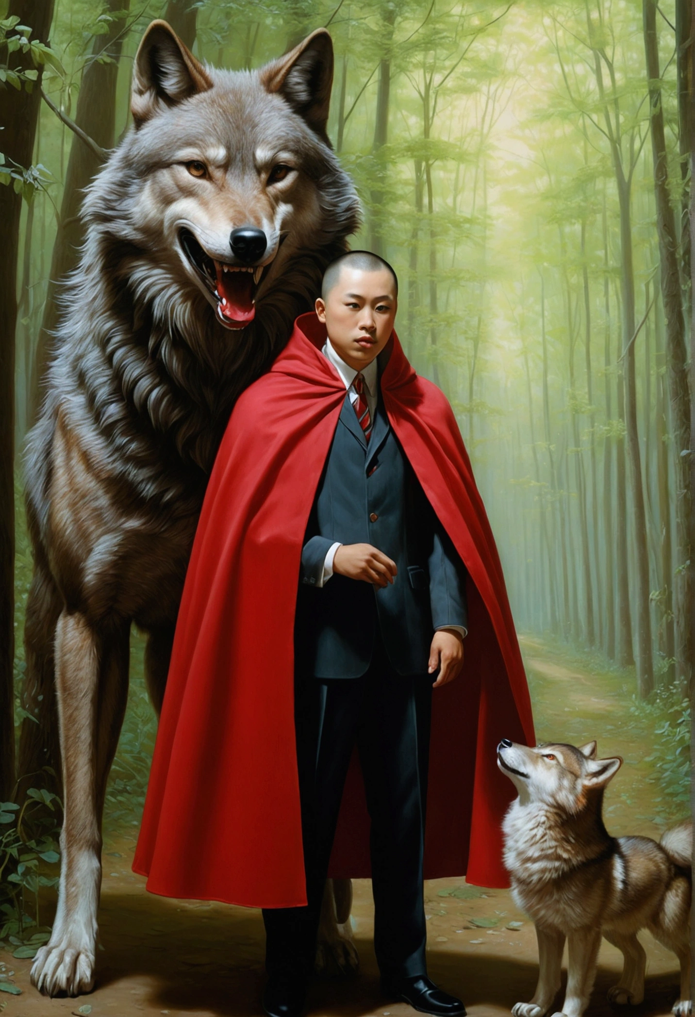 Picture 1. Anthropomorphic wolf gentleman.., He came to visit a young girl, Little Red Riding Hood., Anthropomorphic wolves are up to something., The anthropomorphic wolf has secret intentions., (Mark Raiden:1.2), (Xiu Wang:1.3155), Oil on canvas, Exquisite workmanship, Highly detailed, 8ก