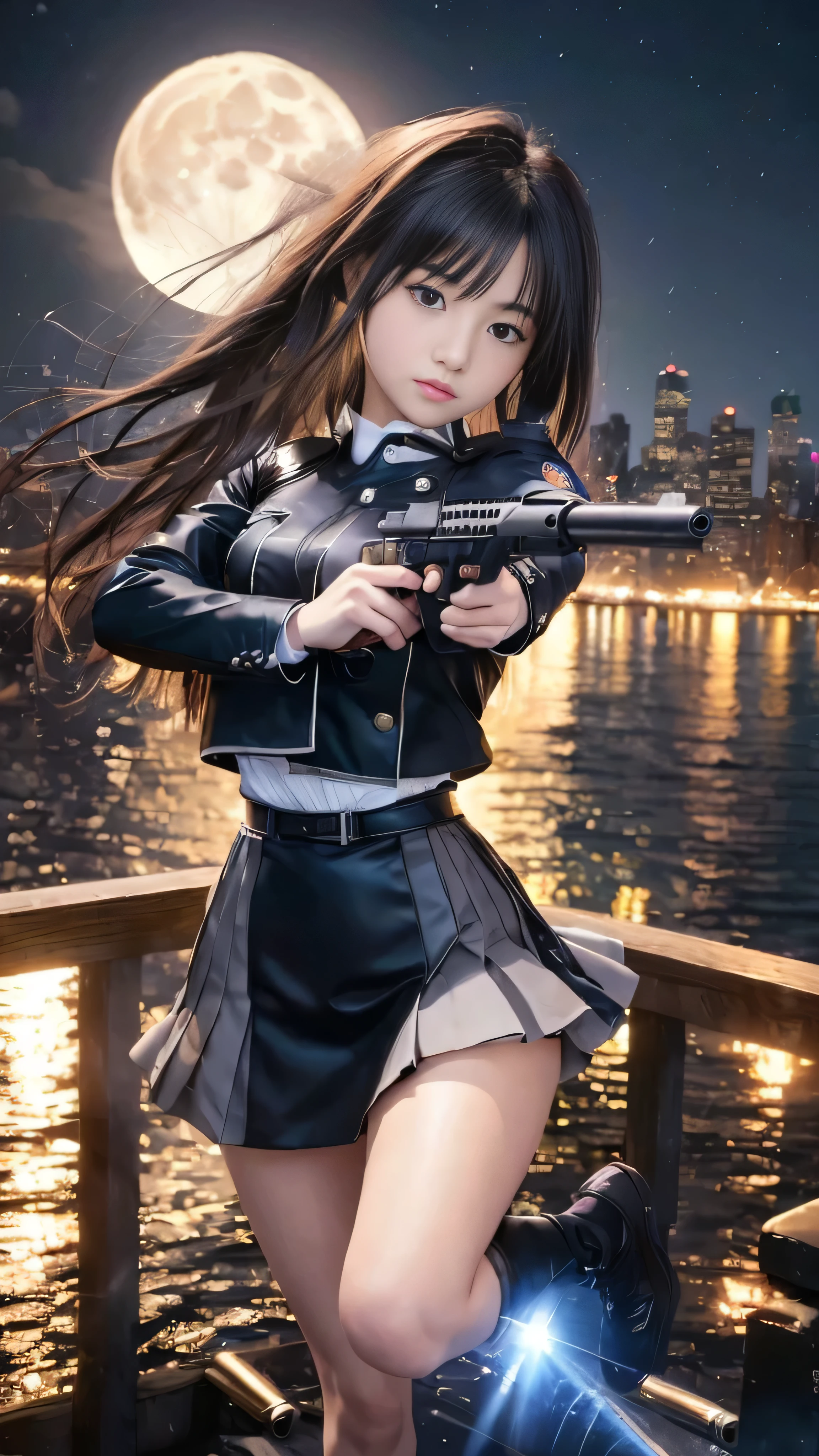 (masterpiece, Highest quality:1.2), Young and beautiful girl, Young face, (RAW quality:1.4), Highest quality, Great quality, 16K, Unbelievably absurd, Very detailed, delicate and dynamic, software, Natural light, Particles reflect color, Diffuse reflection of light, Vortex of Light, Hudson River, new york, Night view, Create amazing image effects, lycoris uniform, skirt, (Cute sexy girl, 14 years old, Pursue the perpetrator, Intense movement, Vibrant, hot, , , , pistol, Long black hair, Police uniform, Takina Inoue Final Fantasy VII), Full body photo, (Shooting a gun in front of a big full moon:1.4), Speedy, Lots of bullets, Trajectory,
