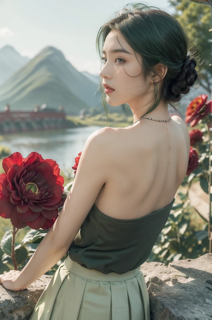 (((best quality))),(((ultra detailed))),(((masterpiece))),illustration,((1 beautiful girl,tomboy,solo)),(short black hair:1.3),((slim,thin)),((strapless,bare back)),vigorous, confident, (light green tank top:1.3), (dark green mini skirt:1.2),(standing:1.3),simplicity, robustness, strong features, (Abandoned Gobi Scene:1.3),(Rock surface:1.2),glowing eyes, rebellious, sensible, (mountainous landscape:1.3), (beside a vibrant red flower:1.3),elegance, unyielding spirit, youthful beauty, strength, resilience, adversity, challenges,((from back,upper body))