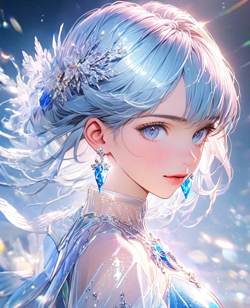8K,gal,an extremely delicate and beautiful,Beautiful and realistic skin,Shiny jewel-like earrings,Shine like glitter blue hair,beautiful blue eyes,full body,Clothes are transparent,head shot
