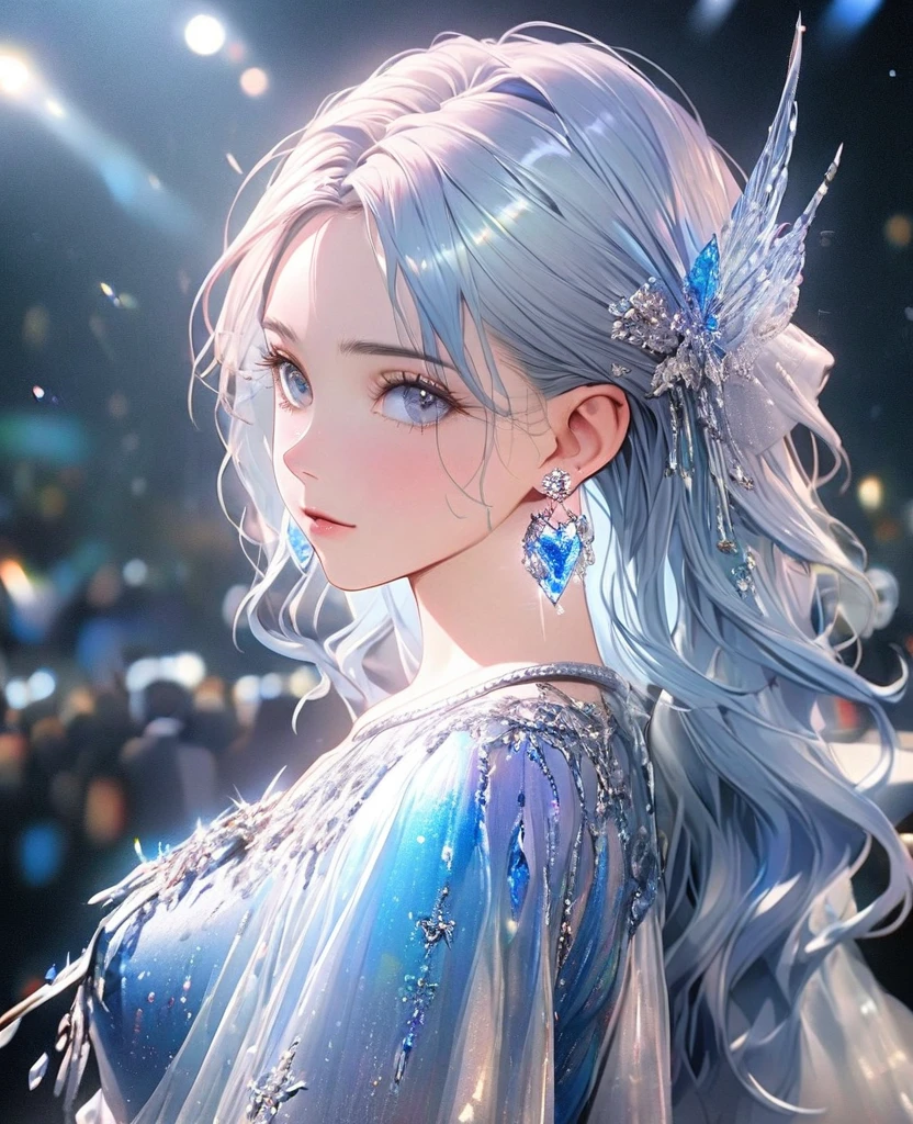 8K,gal,an extremely delicate and beautiful,Beautiful and realistic skin,Shiny jewel-like earrings,Shine like glitter blue hair,beautiful blue eyes,full body,Clothes are transparent,head shot