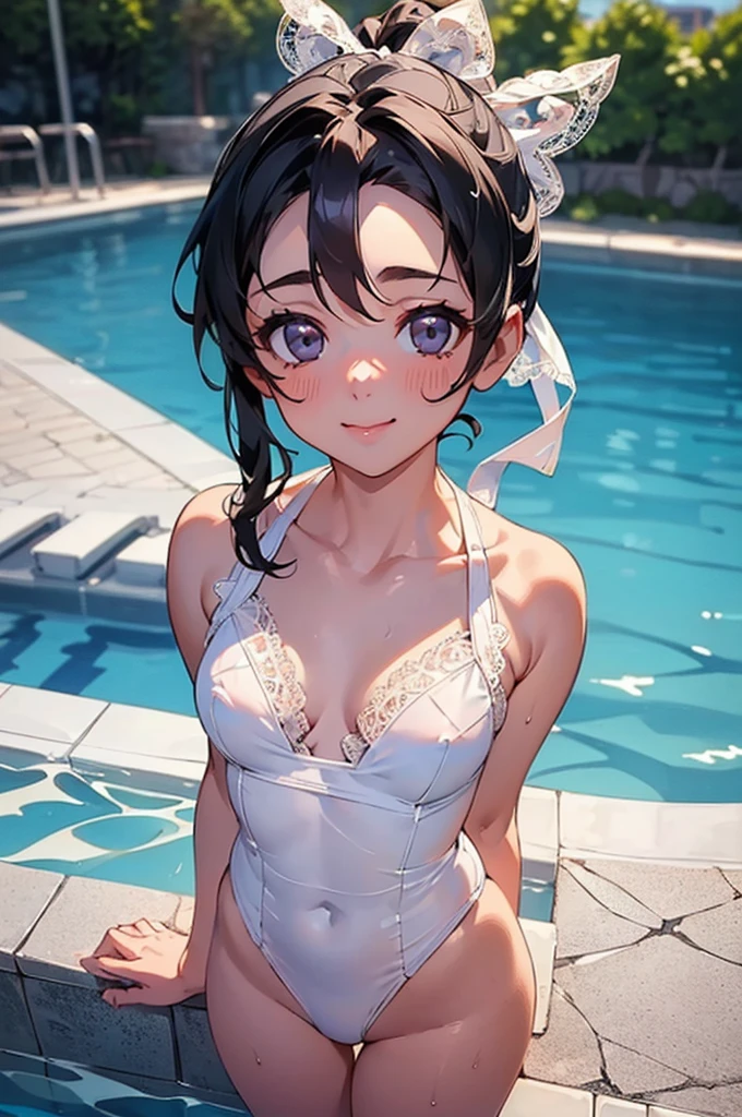 (((beautiful))), (((lace, White swimsuit))), ((Black Hair, ponytail, White ribbon)), clavicle, Sweat, Small breasts, (((Intricate details))), High resolution, ((Intricate details, Ultra-detailed)), whole body, Are standing, looking at the camera, Red cheeks, smile, Pool