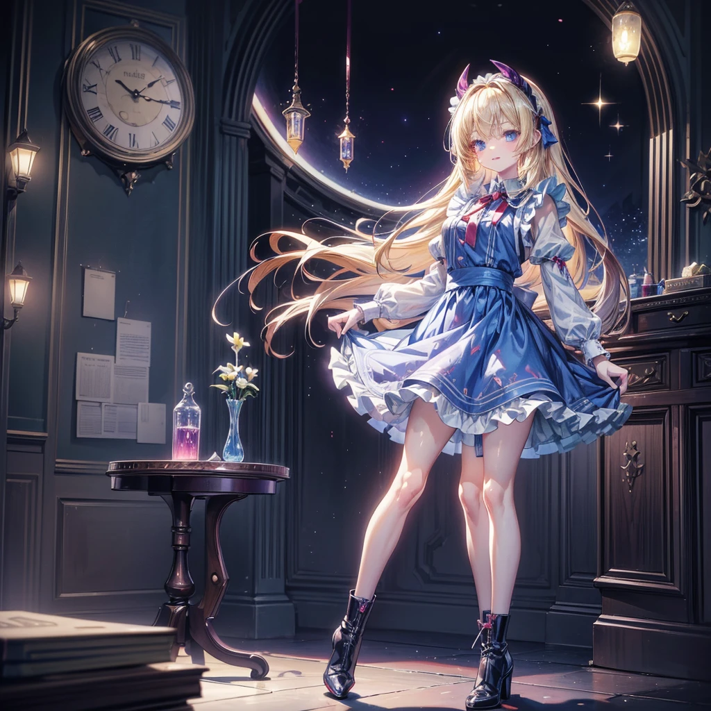 (Tabletop, Highest quality、Very detailed、Very detailedな目), (perfect athletic body:1.2), (Thin Hair), Very detailed, Anime Style, whole body, alone, Fantasy Blonde Hair, Blue Eyed Girl, Apron dress like Alice in Wonderland, Playing cards with your hands, Red Hairband, Black-purple miasma swirls, The whispers of the dark devil are floating around everywhere, Nightmarish sights, Standing in the Wilderness, High heel boots, Digital Painting, 8K high resolution, Trend Art Station,  whole body, Bad Smile,background＿Distorted clock:1.5、Kawaii Tech、