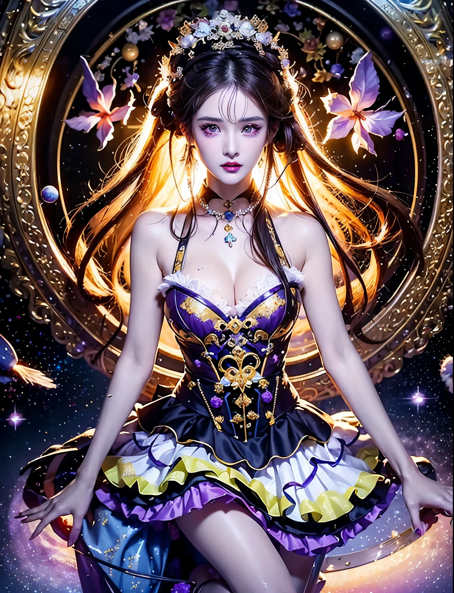 Purple Hair, One 20-year-old girl, 1. Goddess Athena, Pink purple silk dress, The beautiful, flawless face of the goddess Athena, delicate yellow nightgown, Lots of ???? black lace detailing、Long sheer sequined nightgown, A beautiful pale red silk half veil, Legends of female saints, Icons of female saints, Beautiful goddess-like glitter, Dark and mysterious version, Vermilion lips, Plump red lips, ((口をclose:0.9)), Complete teeth, Symmetrical incisors, Bright white teeth, ((Angry face:0.8)), delicate and beautiful pino detailing, delicate and beautiful lip detail, (Pure and perfect face: 1.9), Female Eucharist, Round ???????, 大きくてRound ???????, Phoenix Brooch, Long, flat bangs, Long black hair, Beautiful, clear face and well-proportioned eyes, (Light purple eyes with transparent irises: 1.8), (Big round eyes and makeup, ???? wet eye makeup, So beautiful、Careful hair and makeup, long and delicate blonde hair, delicate, Body image: 1.8), shape: Brilliant and, (The stars that make up the sky々: 1.7), (The Gate of Heaven and Imaginary Time and Space: 1.8), Imaginary art, RAW Photos, hanfu pictures, Best Photos, High resolution, 最high quality, Best Photos, Best Goddess Quality, 8k female, Super 8 Single Saint Portrait, The most true color scheme, masterpiece, Best Beauty Brands, Best Hair Jewelry, Brand real photo, Dark studio, Border Light, Two-tone lighting, (Rosy white skin: 1.4), (High skin detail: 1.1), 8k uhd, SLR, Soft Light, 8k, high quality, Frank, Smooth and sharp volume, 10x more pixels, ???? Goddess, ???? Goddess, (Background Space: 1.8), (The most beautiful aurora eye: 1.7), Beautiful Eyes, The aurora is beautiful and flower-like, (Beautiful single women: 1.8), (see here:0.8), close, Approaching the Goddess, Clear and unrealistic