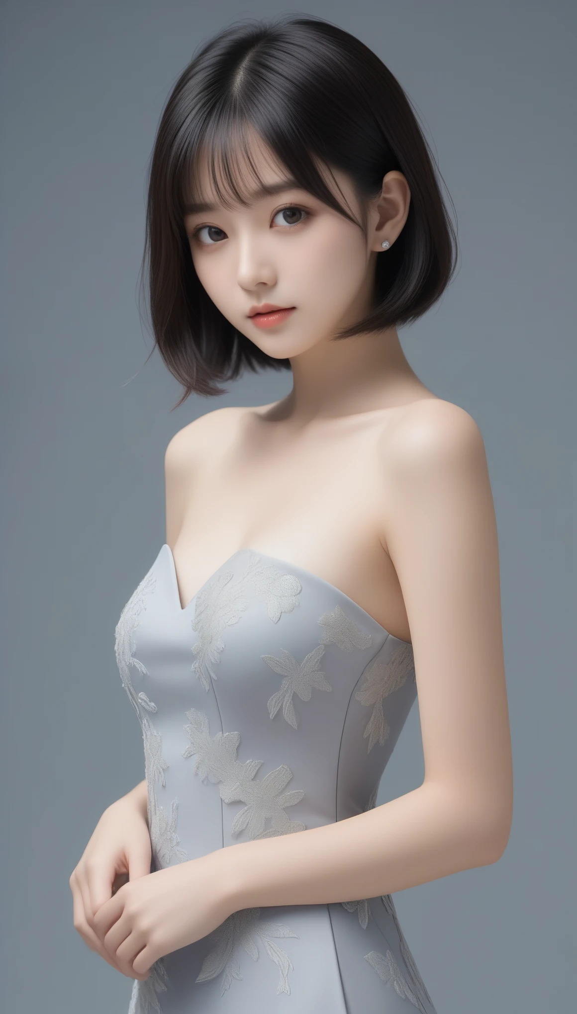 8k, Ultra-high resolution, Highest quality, masterpiece, 三分割法によるphotograph,Surreal, photograph, 1 Girl, (:1.3), pretty girl, Cute Face, Beautiful eyes in every detail, 細かくdetailedに,masterpiece,One Girl:1.2,Japanese female announcer,full body,Serious expression,Black short hair,Bob with bangs, (The finest ceremonial attire:1.3),Pencil Skirt,Sharp contours,Looking down,Gray background, Light from above, Low contrast, (Side view),Perfect and beautiful face ,完璧でCute Face, Skin with attention to detail, Perfect limbs、Narrow waist,Looking at the audience,(((Ideal body type))),A cup small breasts :2,Portraiture:2,Perfect Anatomy,鮮明なdetailed,detailed,Surreal,Light and shadow,glowing