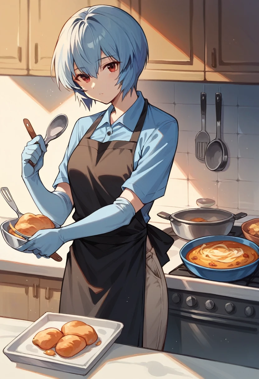 1girl, rei ayanami, ((blue half elbow gloves)), (light blue shirt), ((long sleeves)), (black apron), (pants), looking at viewer, cooking, ((in blue half elbow gloves)), solo
