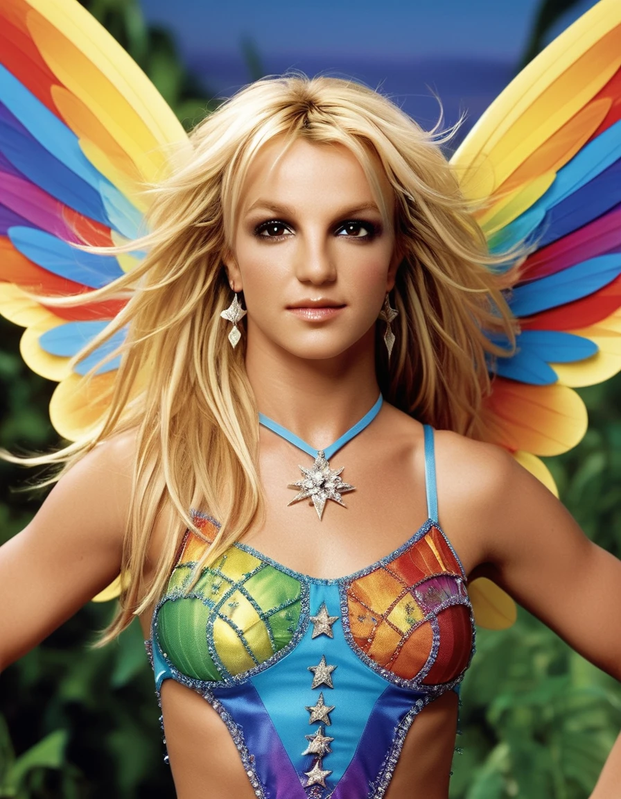 britney spears in a rainbow dress is flying over the blue rainbow sky, beautiful fairy, rainbow wings, beautiful fairy adulta, Beautiful and colorful, fantasy coloring, magnificent fairy, beautiful fairys, beautiful fairy, fada astral, futurist, best quality colorful art, realisitic, realisitic, award-winning illustration, (Highly detailed texture of face and skin), (all-body), (Complicated Detail: 1.2), (fine-details), (Complicated Detail), (Cinematic Lights, better quality backlight), Sharp lines, sharp focus, offcial art, unity wallpaper 8k, absurdrez, Unbelievably absurd, huge filesize, -, Fantasyart, RTX,((close-up photo of the award-winning studio)), , (escape), , perfect hands, beautiful detailed eyes, face perfect