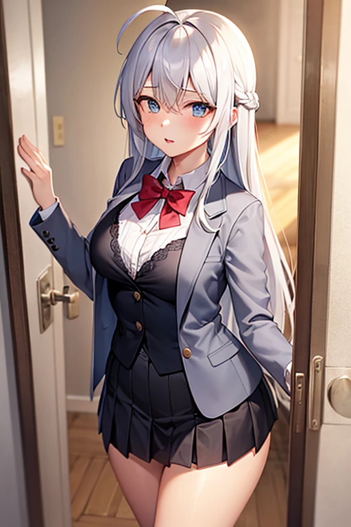 Arya, 1girl, standing alone, long hair, blue colored eyes, Ahoge, 弓, Looking at Viewer, red bow, suit jacket, bowtie, long sleeves, breastsout, chemise, open jacket, Red bow tie, door, cowboy shot, chemise de gola, por dentro, schoolar uniform, white hair, Standing, clothes open, overskirt, bangss, don, grey jacket, black gown, blush, overskirt plissada, separated-lips, medium breasts, pleated dress, chemise branca, hair between the eyes, white jacket, Hand up, blazer, black skirt, thicc thighs, open door, corridor