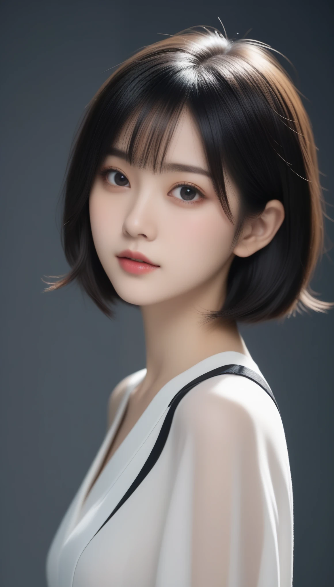 8k, Ultra-high resolution, Highest quality, masterpiece, 三分割法によるphotograph,Surreal, photograph, 1 Girl, (16 years old:1.3), pretty girl, Cute Face, Beautiful eyes in every detail, 細かくdetailedに,masterpiece,One Girl:1.2,Japanese female announcer,full body,Serious expression,Black short hair,Bob with bangs, (The finest ceremonial attire:1.3),Pencil Skirt,Sharp contours,Looking down,Gray background, Light from above, Low contrast, (Side view),Perfect and beautiful face ,完璧でCute Face, Skin with attention to detail, Perfect limbs、Narrow waist,Looking at the audience,(((Ideal body type))),A cup small breasts :2,Portraiture:2,Perfect Anatomy,鮮明なdetailed,detailed,Surreal,Light and shadow,glowing