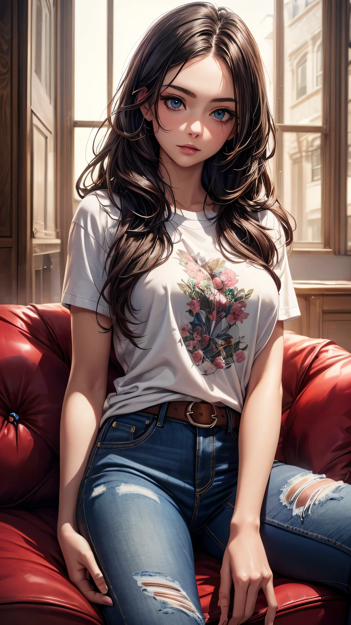 (((masterpiece))),(((Highest quality))),((Very detailed)),One girl,One person,Highest quality, masterpiece, 8k, photograph, Very detailed,,Realistic,beautiful girl, (Very delicate and beautiful face), (Beautiful eyes in every detail),Sitting, View your viewers,jeans,White T-shirt,Long Hair,Black Hair, sofa,