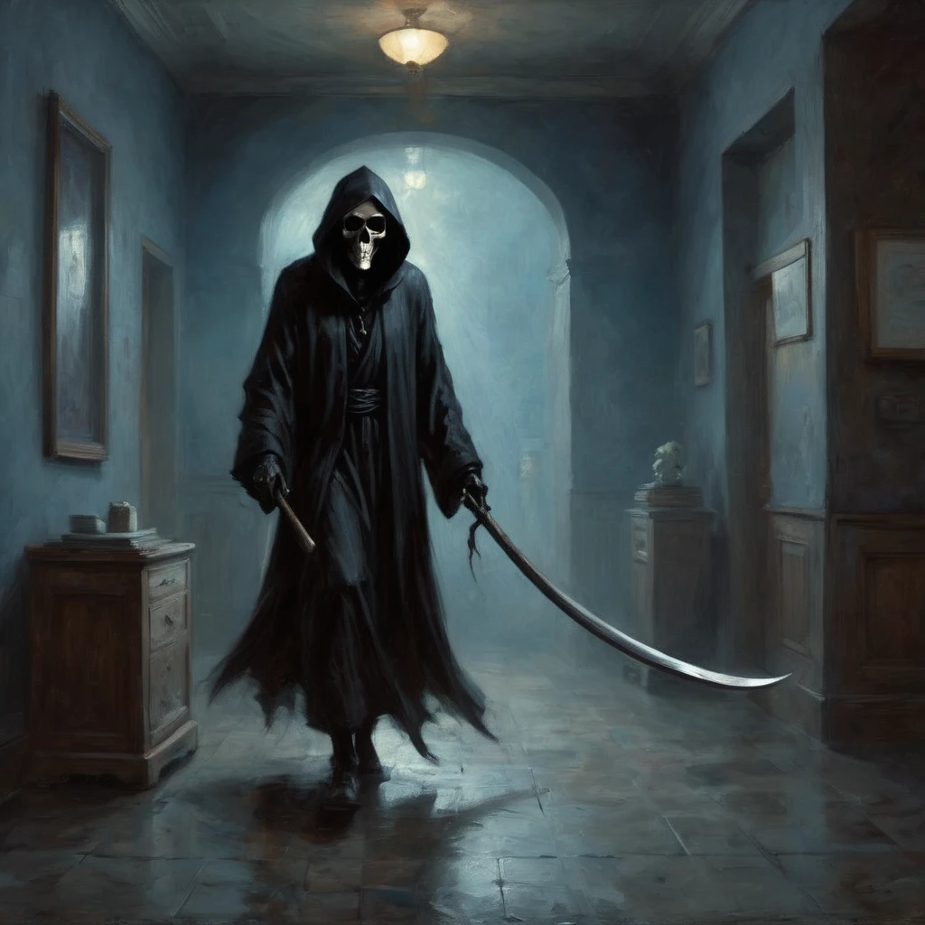 (best quality,4k,8k,highres,masterpiece:1.2),ultra-detailed,(realistic,photorealistic,photo-realistic:1.37),a black grim reaper,with detailed and flowing black robes,cloaked in shadows,walks unnoticed through a busy hospital. The grim reaper is extremely tall with a skeletal frame, holding a long and sleek scythe. The reaper's face is hidden beneath a black hood, but there is a sense of darkness and mystery emanating from its presence. The hospital is bustling with activity, nurses and doctors hurrying around attending to patients. The setting is dimly lit with flickering fluorescent lights, casting eerie shadows on the walls. The air feels heavy with a sense of anticipation and fear. The grim reaper moves silently through the hallways, invisible to the living, but there is an unspoken understanding that its purpose is to guide souls to the afterlife. The scene is tinged with blue hues, giving it a somber and chilling atmosphere. The only sound that can be heard is the faint whisper of the reaper's robes, and the occasional beep from medical devices. This artwork is a fusion of horror and realism, capturing the essence of life and death in a hauntingly beautiful way.