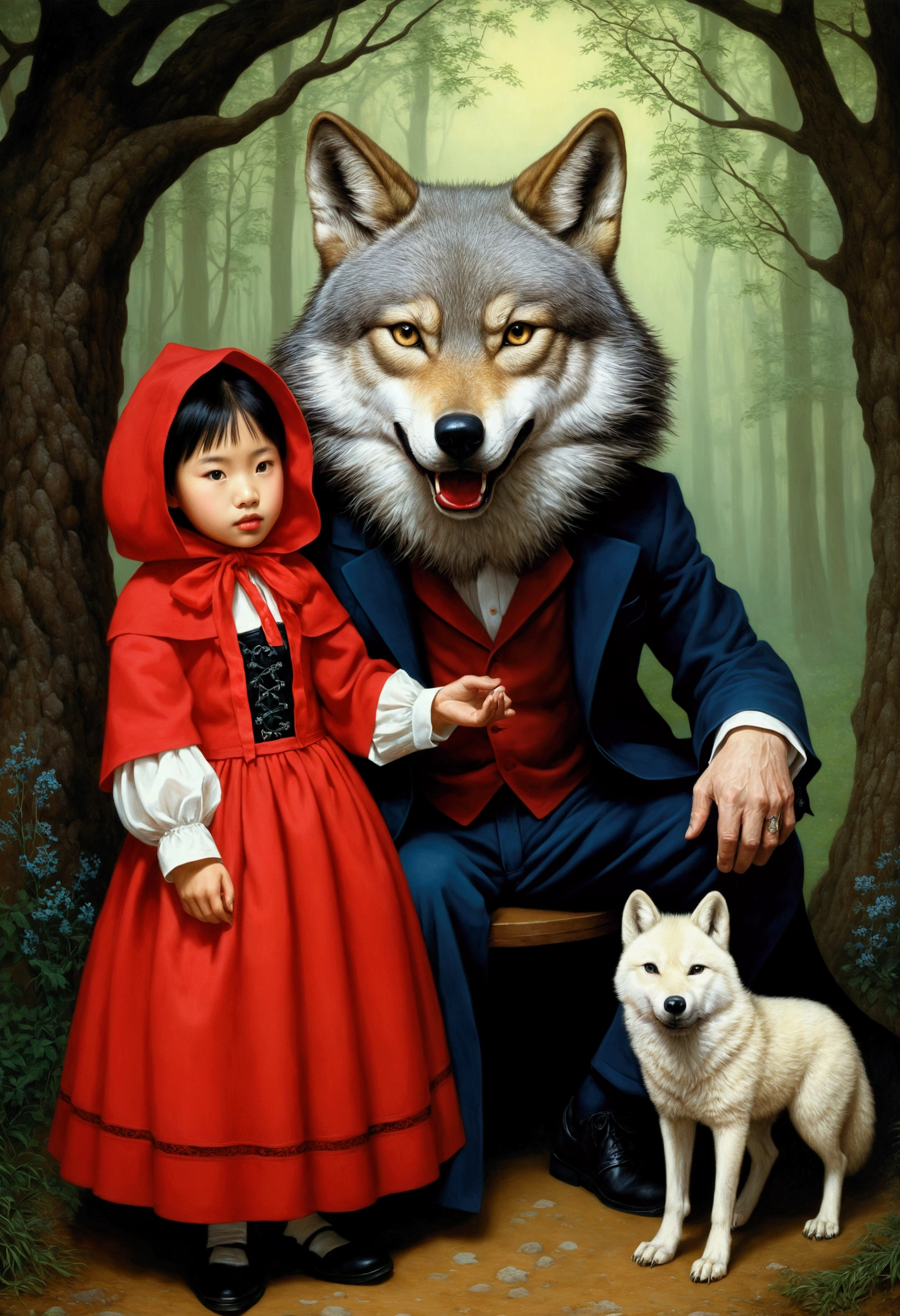 Picture 1 anthropomorphic wolf – gentleman., he came to visit 1 girl Little Red Riding Hood, anthropomorphic wolf is up to something and has secret intentions, Looks tricky, (Xue Wang:1.3155), oil on canvas, exquisite workmanship, High detail, 8K