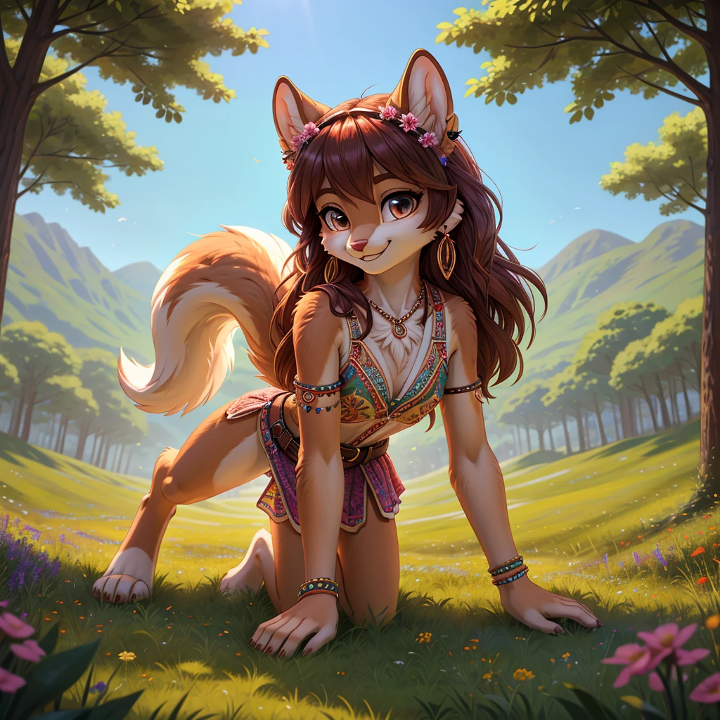 **Prompt:** A beautiful, (masterpiece), high quality, perfect lighting, highly detailed CG Unity 8k wallpaper, high resolution, perfect lighting, youthful, adolescent, tall, slim, skinny, frail slender figure, slim legs, distinctly feminine figure, narrow hips, long legs, close-up shot of a unique female squirrel character. She has fluffy, reddish-brown fur with darker streaks running along her back and tail, giving her a vibrant and dynamic look. Her hair is long, wavy, and a rich auburn color, cascading down her back and blending seamlessly with her fur. Her eyes are a striking amber, large and full of playful sexy mischief.
She is dressed in an eclectic, boho-chic outfit: a fitted, embroidered vest over a flowing, patterned blouse with billowing sleeves. She pairs this with a layered, patchwork skirt in various earth tones and textures and black lace thong panties. Her accessories include a wide leather belt with a decorative buckle, numerous beaded bracelets, and feathered earrings. She also sports a flower crown made of wildflowers and leaves, adding a whimsical touch to her look.
The character is posed crawling towards you on a soft, grassy meadow, her legs bent at the knees. Her face is the focus, with a bright, cheerful smile and sparkling eyes looking directly at the viewer, plump breasts hanging. The background is a soft blur of wildflowers and tall grass, with dappled sunlight filtering through, creating a warm, inviting scene that highlights her vibrant personality and the intricate details of her outfit.