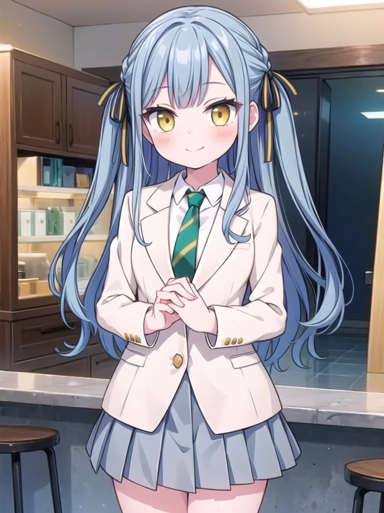 1girl, masterpiece, best quality, perfect hands, blush, togawa sakiko, braid, green striped necktie, white collared shirt, grey blazer, green pleated skirt, long hair, black hair ribbon, bangs, yellow eyes, cowboy shot, smile, blue hair, two side up, bare legs, closed mouth, school uniform, uniform