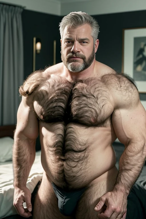 age 60, white man businessman, disheveled, muscular chubby, kind-hearted, ((shirtless)), mature daddy, skinny underwear with a noticeable bulge, ((hairy chest peeking out)), a hint of sweat gleaming on his forehead, (looking intently at the viewer with a friendly expression), elegant and masculine bedroom as background.

Or,

age 60, distinguished white man businessman, disgusting turn of events, muscular yet chubby build, kind and compassionate nature, shirtless revealing a hairy body, mature and dashing, skinny with a pronounced bulge, ((hairy chest covered in graying hair)), absorbing the dim lights, elegant and masculine bedroom as background.