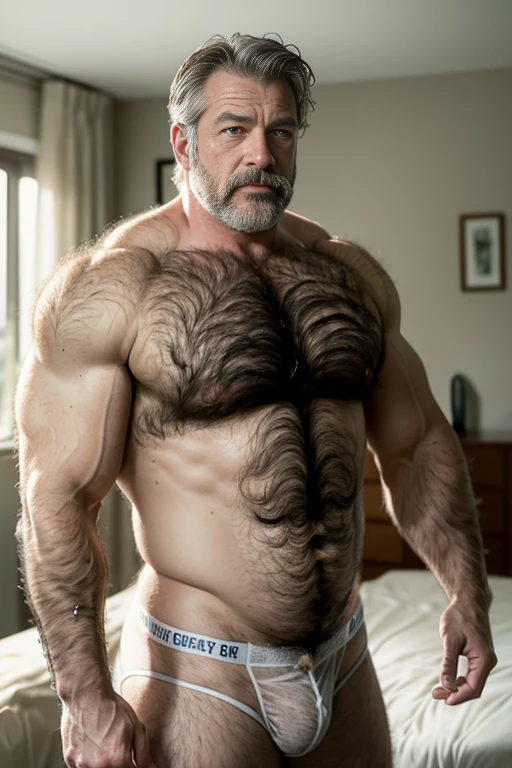 age 60, white man businessman, disheveled, muscular chubby, kind-hearted, ((shirtless)), mature daddy, skinny underwear with a noticeable bulge, ((hairy chest peeking out)), a hint of sweat gleaming on his forehead, (looking intently at the viewer with a friendly expression), elegant and masculine bedroom as background.

Or,

age 60, distinguished white man businessman, disgusting turn of events, muscular yet chubby build, kind and compassionate nature, shirtless revealing a hairy body, mature and dashing, skinny with a pronounced bulge, ((hairy chest covered in graying hair)), absorbing the dim lights, elegant and masculine bedroom as background.