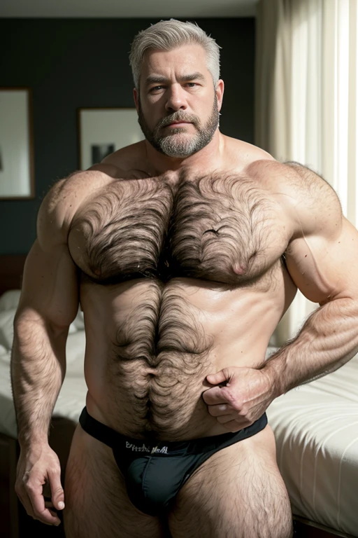 age 60, white man businessman, disheveled, muscular chubby, kind-hearted, ((shirtless)), mature daddy, skinny underwear with a noticeable bulge, ((hairy chest peeking out)), a hint of sweat gleaming on his forehead, (looking intently at the viewer with a friendly expression), elegant and masculine bedroom as background.

Or,

age 60, distinguished white man businessman, disgusting turn of events, muscular yet chubby build, kind and compassionate nature, shirtless revealing a hairy body, mature and dashing, skinny with a pronounced bulge, ((hairy chest covered in graying hair)), absorbing the dim lights, elegant and masculine bedroom as background.