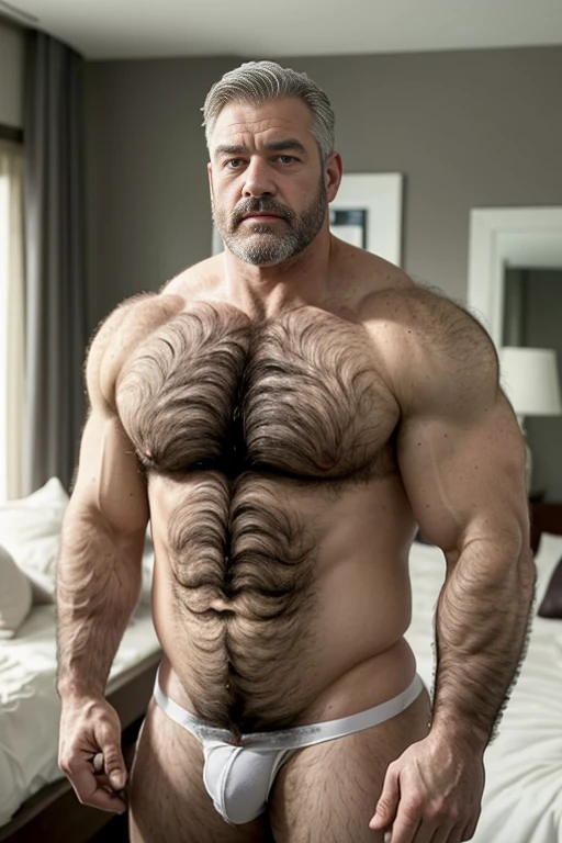 age 60, white man businessman, disheveled, muscular chubby, kind-hearted, ((shirtless)), mature daddy, skinny underwear with a noticeable bulge, ((hairy chest peeking out)), a hint of sweat gleaming on his forehead, (looking intently at the viewer with a friendly expression), elegant and masculine bedroom as background.

Or,

age 60, distinguished white man businessman, disgusting turn of events, muscular yet chubby build, kind and compassionate nature, shirtless revealing a hairy body, mature and dashing, skinny with a pronounced bulge, ((hairy chest covered in graying hair)), absorbing the dim lights, elegant and masculine bedroom as background.